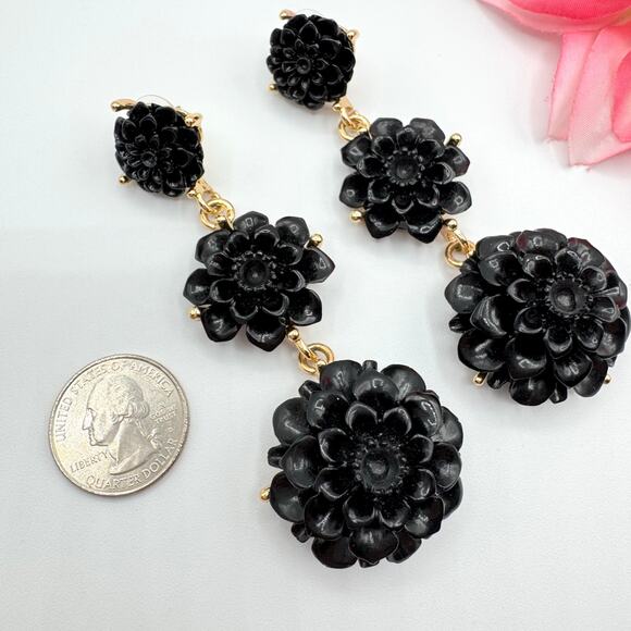Rare Kenneth Jay Lane Black Resin Flower Drop Earrings Duster Statement Floral - Picture 6 of 14